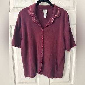 Koret Womens Wine Short Sleeve Cardigan Sweater Size Lg Floral Cottagecore